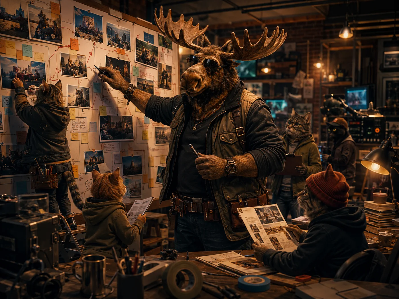 Furry collaborators brainstorming story ideas for the next edition